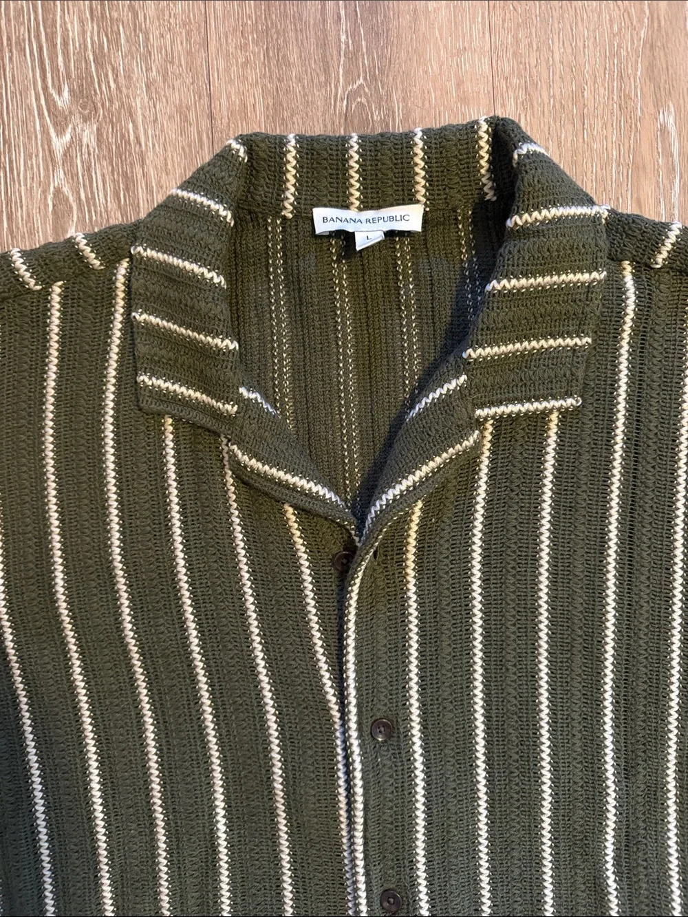 Banana Republic Men's Olive Green Striped Short-Sleeve Knit Shirt. Short Length